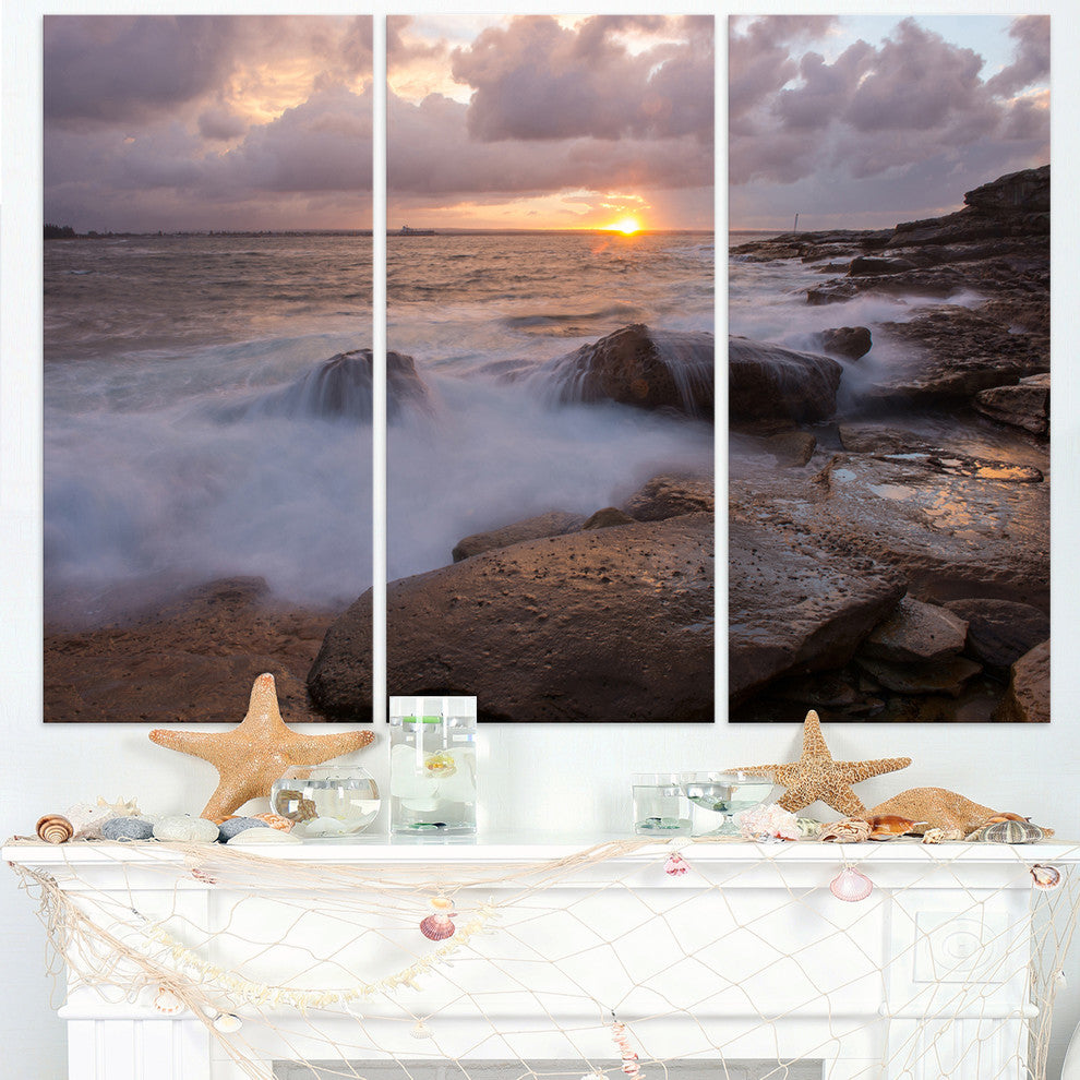 "Waves Hitting Rocks Australia Coastline" Metal Wall Art, 3 Panels, 36"x28"