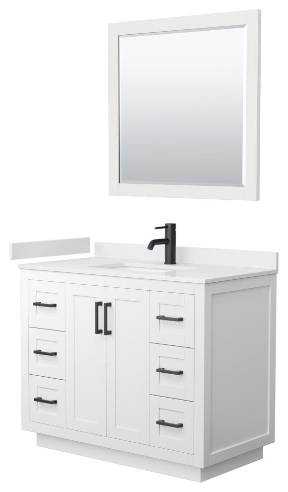 42"SGL Vanity White, White Cult. Marble Countertop, Sink, Black Trim, 34"Mirror