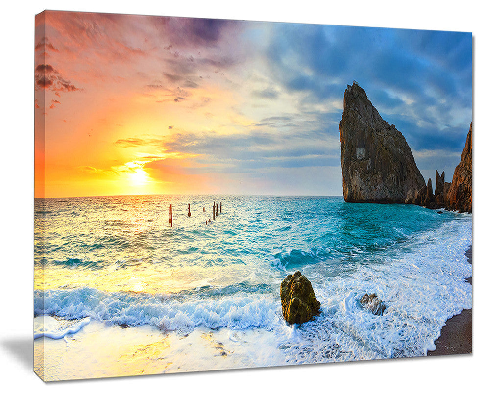 "Vibrant Morning Sea With Yellow Sun" Seashore Wall Art, 20"x12"