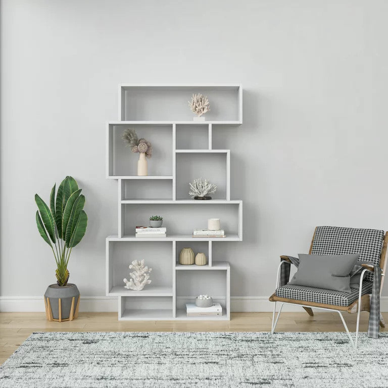 Modern Bookcase, Geometric Design With 10 Asymmetrical Open Shelves, White