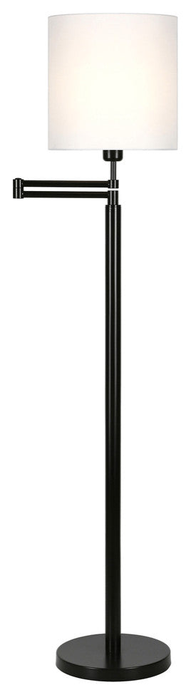 62" Black Swing Arm Floor Lamp With White Frosted Glass Drum Shade
