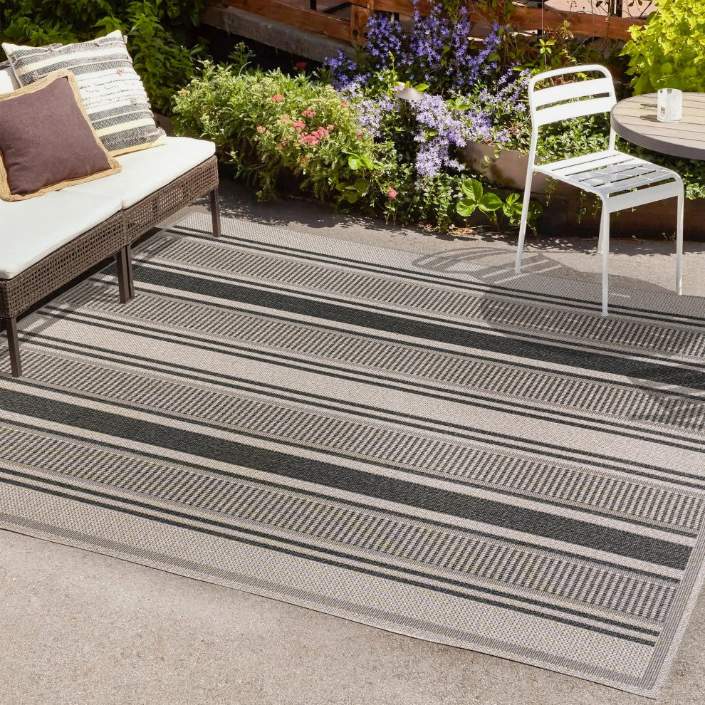 Haynes Modern Double Stripe Indoor/Outdoor Area Rug, Black/Beige, 3x5