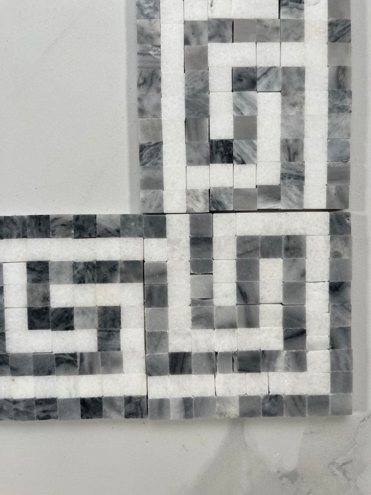 Greek Key Thassos White Bardiglio Gray Marble Mosaic Border Tile, 1 piece