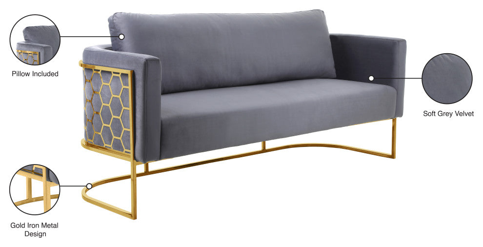 Casa Velvet Upholstered Sofa, Grey, Gold Finish
