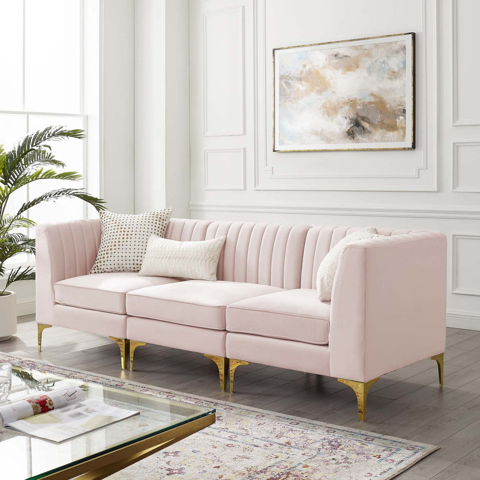 Tufted Sofa, Velvet, Pink, Modern, Living Lounge Room Hotel Lobby Hospitality