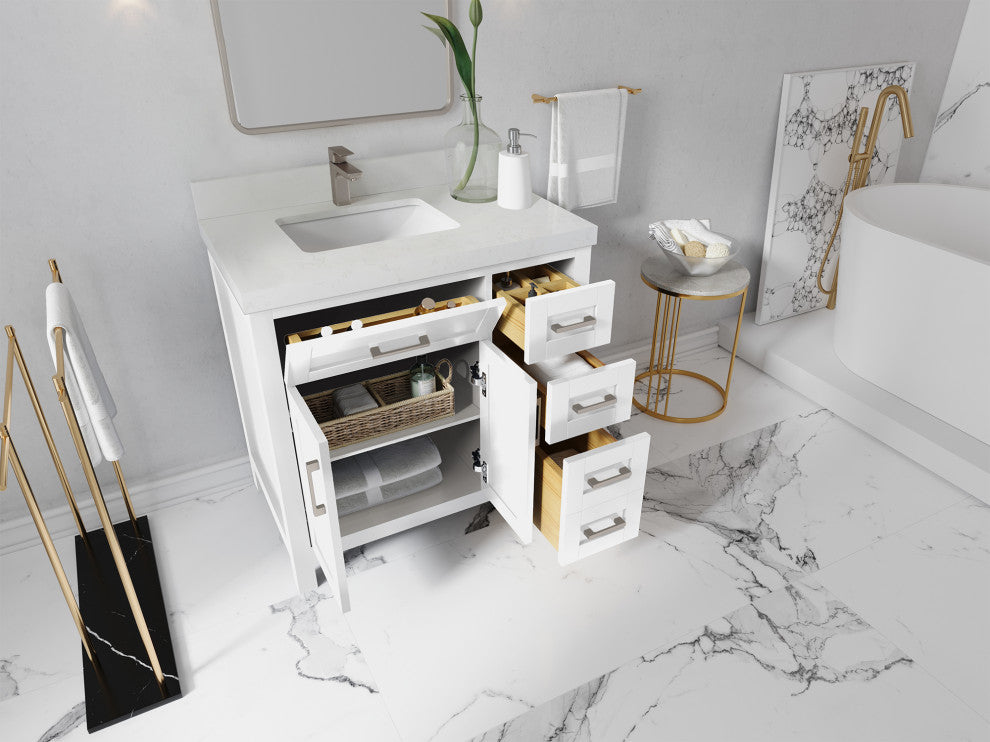 Cambridge 36 Left Offset Bath Vanity in White 2" Calacatta Laza