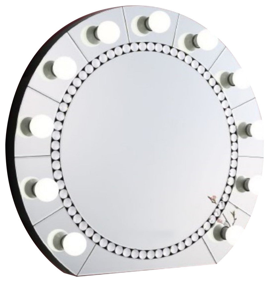 Benzara BM274652 Round Lighted Mirror, 11 Bulb Sockets, Faux Diamonds, Silver