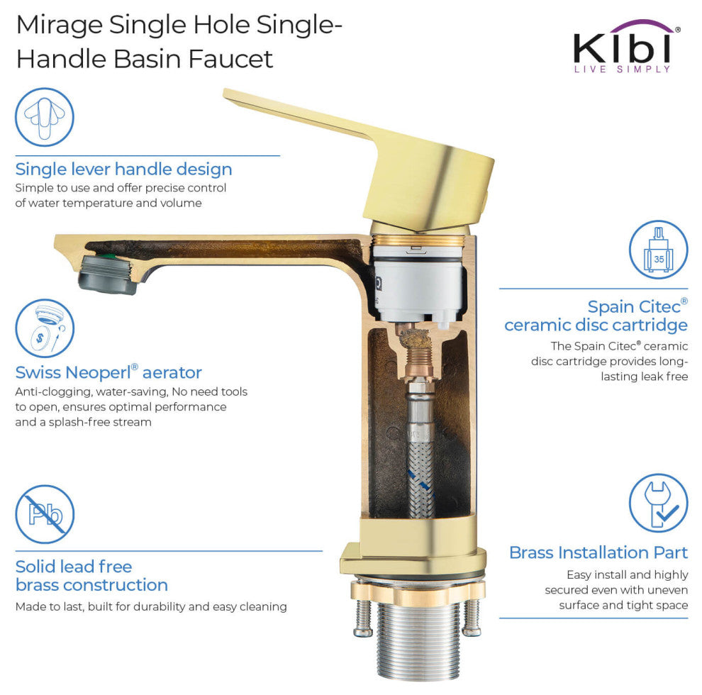 KIBI Mirage Single Handle Bathroom Faucet, Brush Gold, With Drain