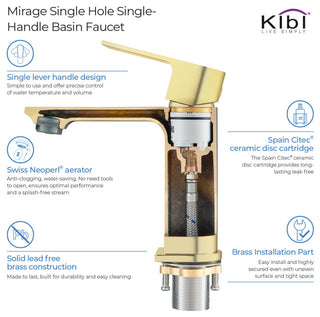 KIBI Mirage Single Handle Bathroom Faucet, Brush Gold, with Drain