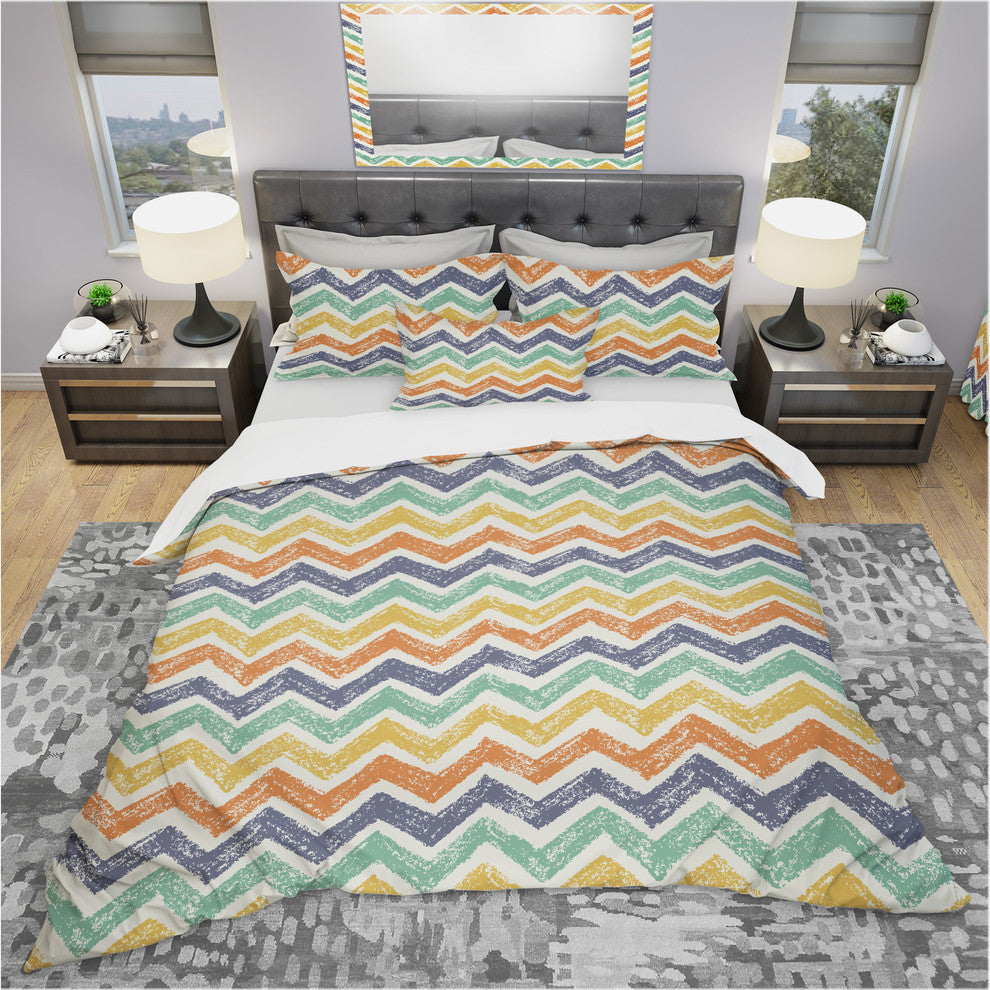 Retro Chevron in Orange Blue and Yellow Vintage Duvet Cover, Twin