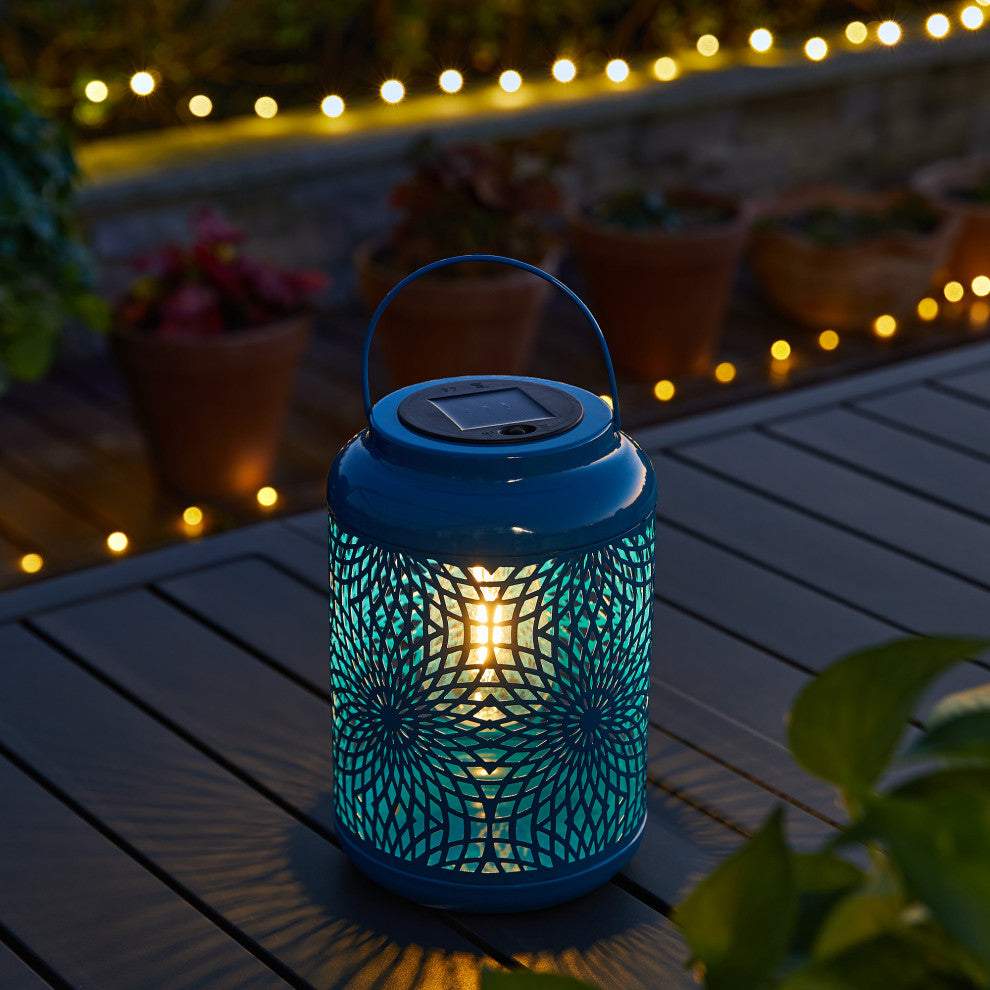 8.75"H Blue Metal Cutout Solar Powered  Lantern