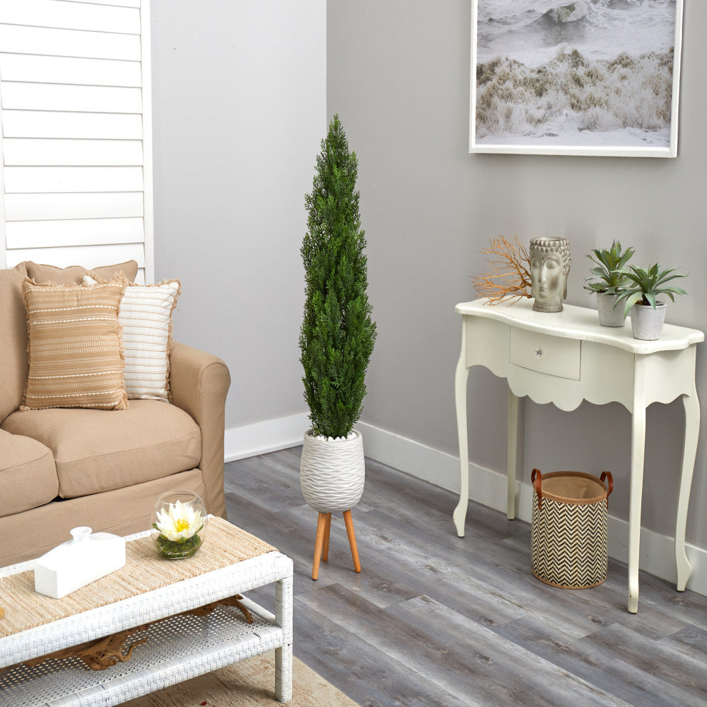 5' Cedar Artificial Tree, White Planter With Stand, Indoor/Outdoor