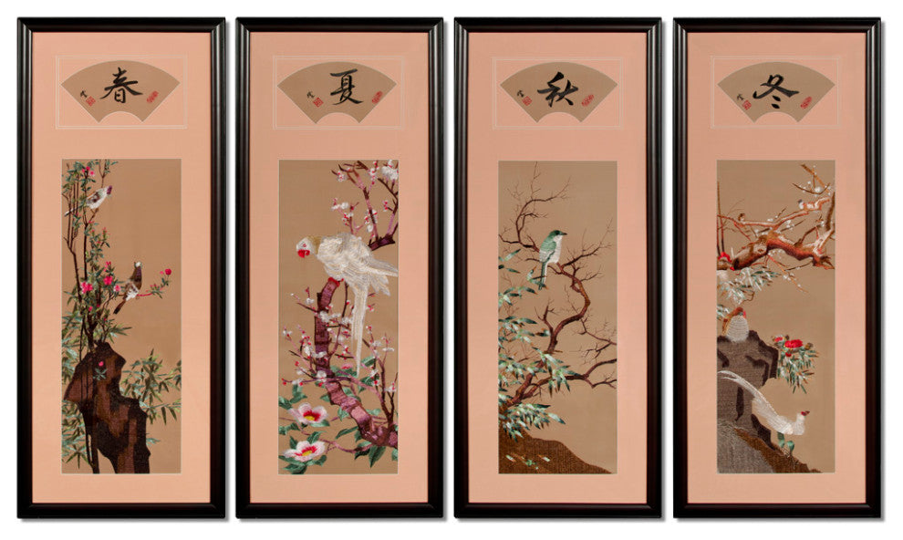 Silk Embroidery Chinese Wall Art of Four Season Flowers, Birds and Flowers of Seasons