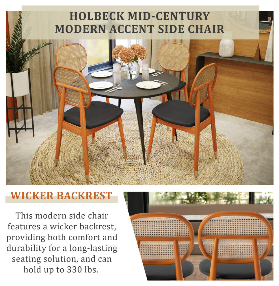 LeisureMod Holbeck Modern Dining Chair with Wood Legs and Wicker Back, Black