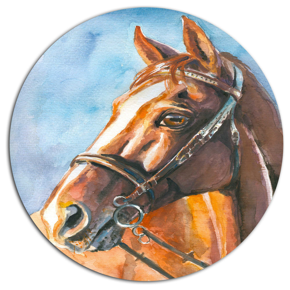 Brown Horse With Bridle, Animal Round Metal Wall Art, 11"