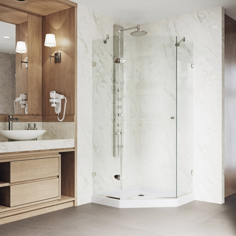 VIGO Verona Frameless Hinged Neo-Angle Shower Enclosure, Brushed Nickel, 40" D X 40" W, Low Base