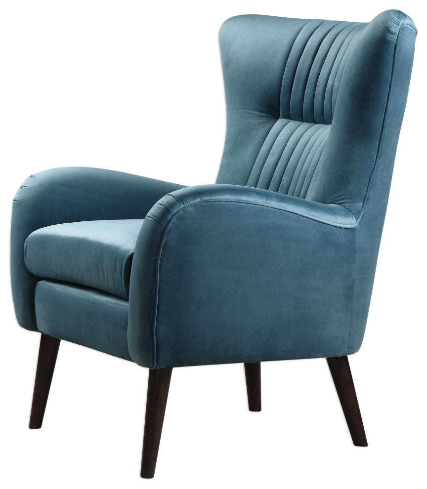 Midcentury Modern Teal Blue Arm Wing Chair, Sculpted Back Tapered Leg