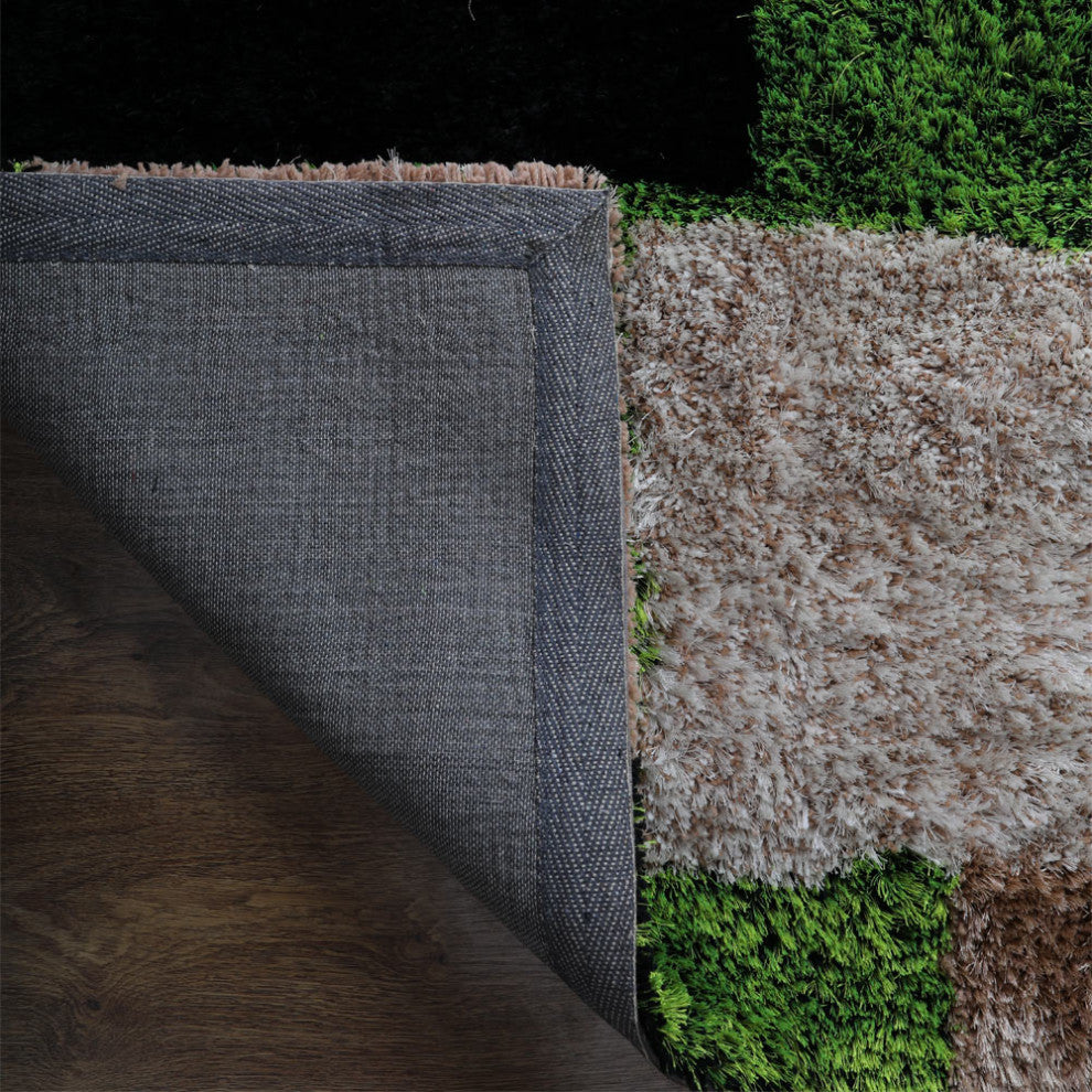 Hand Tufted Shag Polyester Area Rug Geometric Green Beige, [Square] 6'x6'