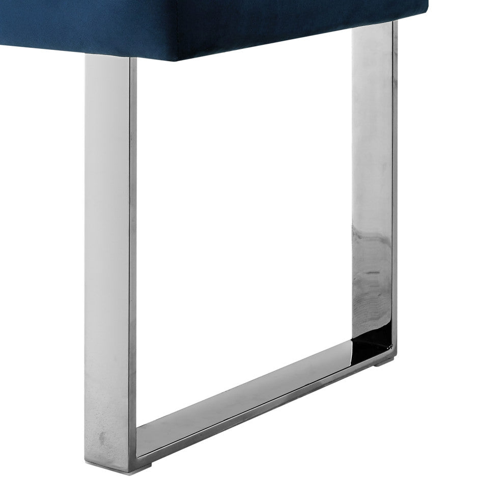 Dolores Velvet Button Tufted Square Leg Bench, Navy With Chrome Base