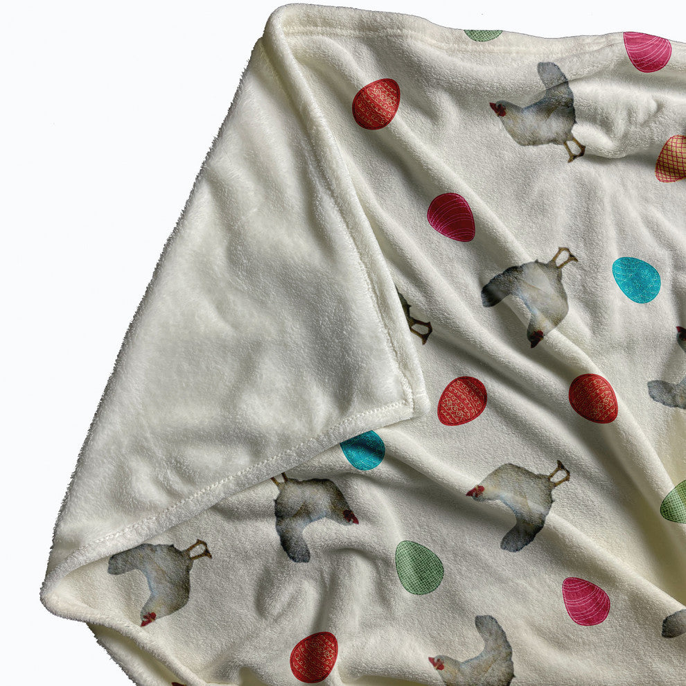 60 x 80 in Chickens and Eggs Easter Throw Blanket, Whisper White