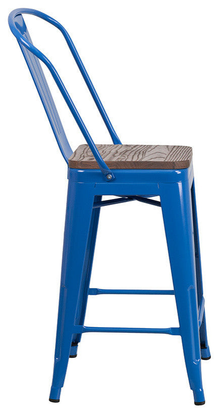 24" High Blue Metal Counter Height Stool With Back and Wood Seat