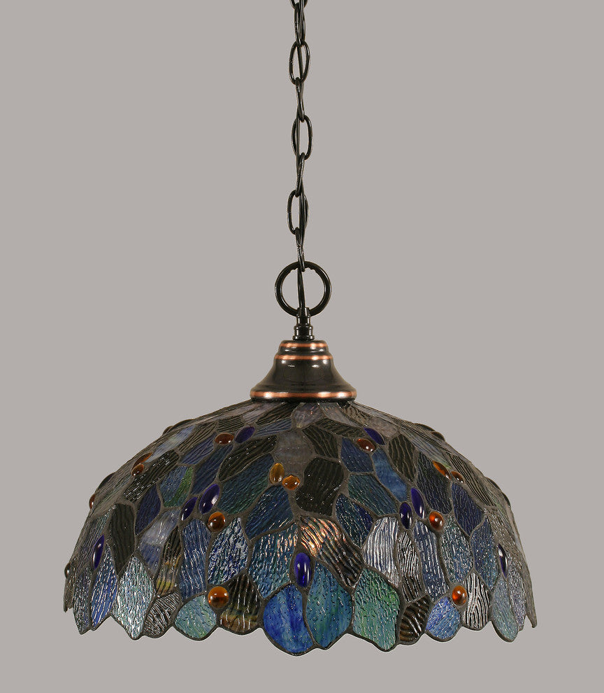 Chain Hung Pendant, Black Copper, 16" Blue Mosaic Tiffany Glass
