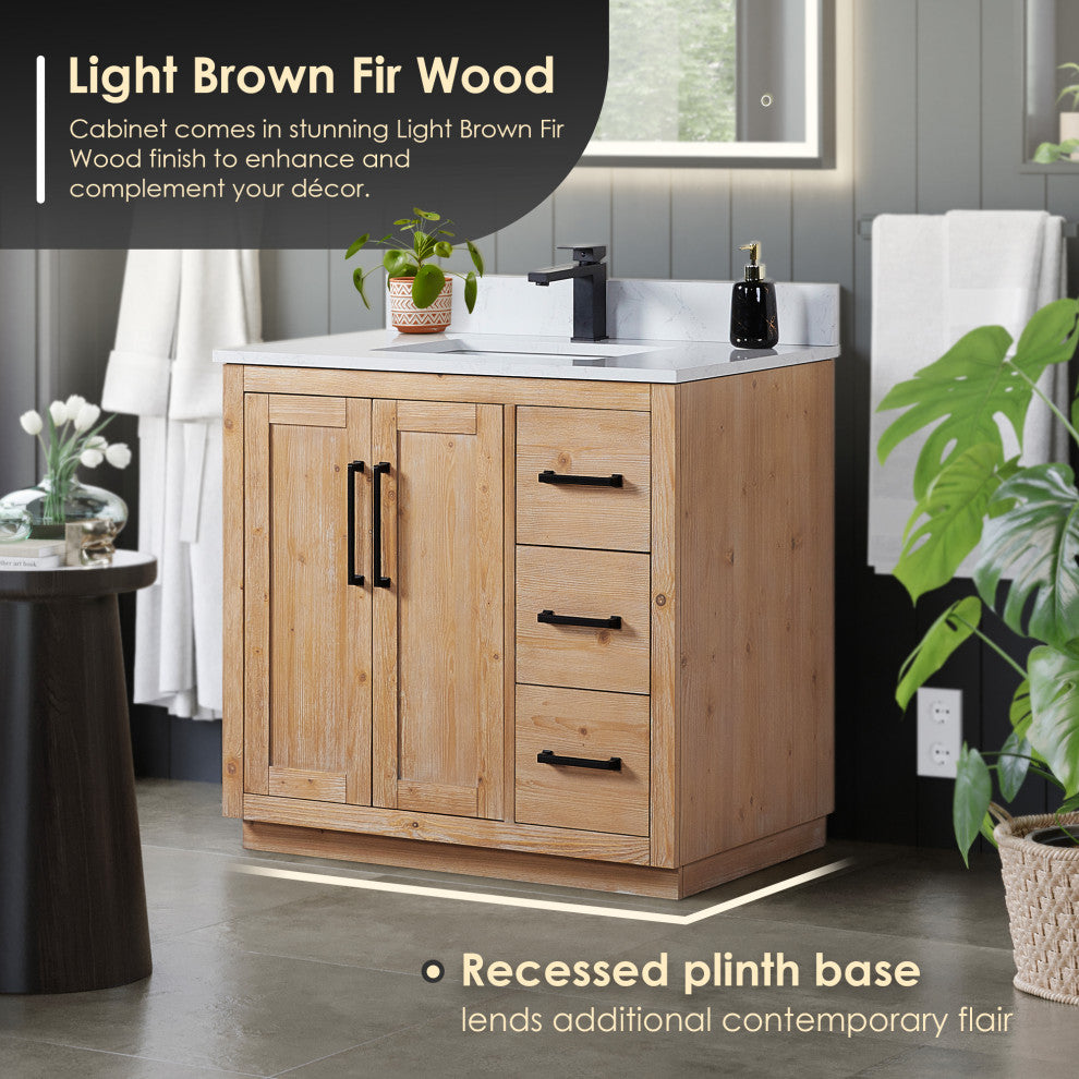 Cicero Vanity, Grain White Engineered Stone Countertop, Light Brown, 36", With Mirror