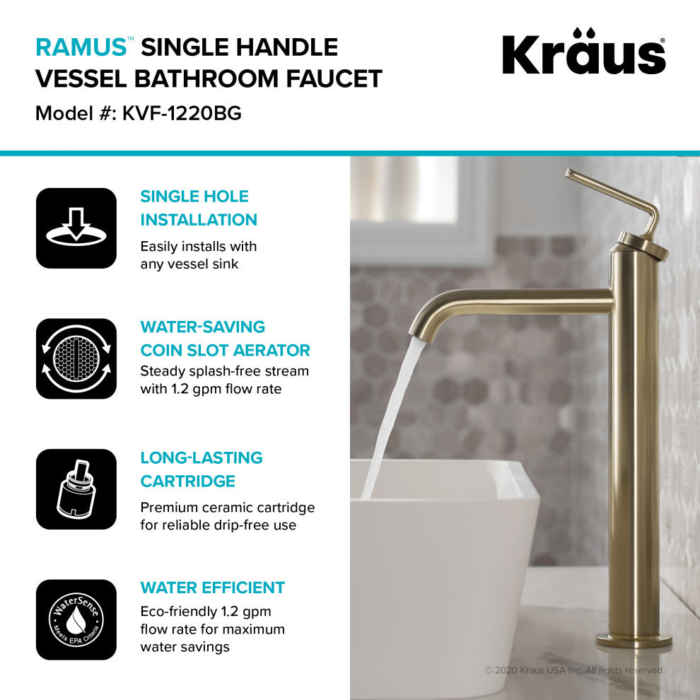 Kraus Ramus Single Handle Vessel Faucet, Pop Up Drain, Brushed Gold