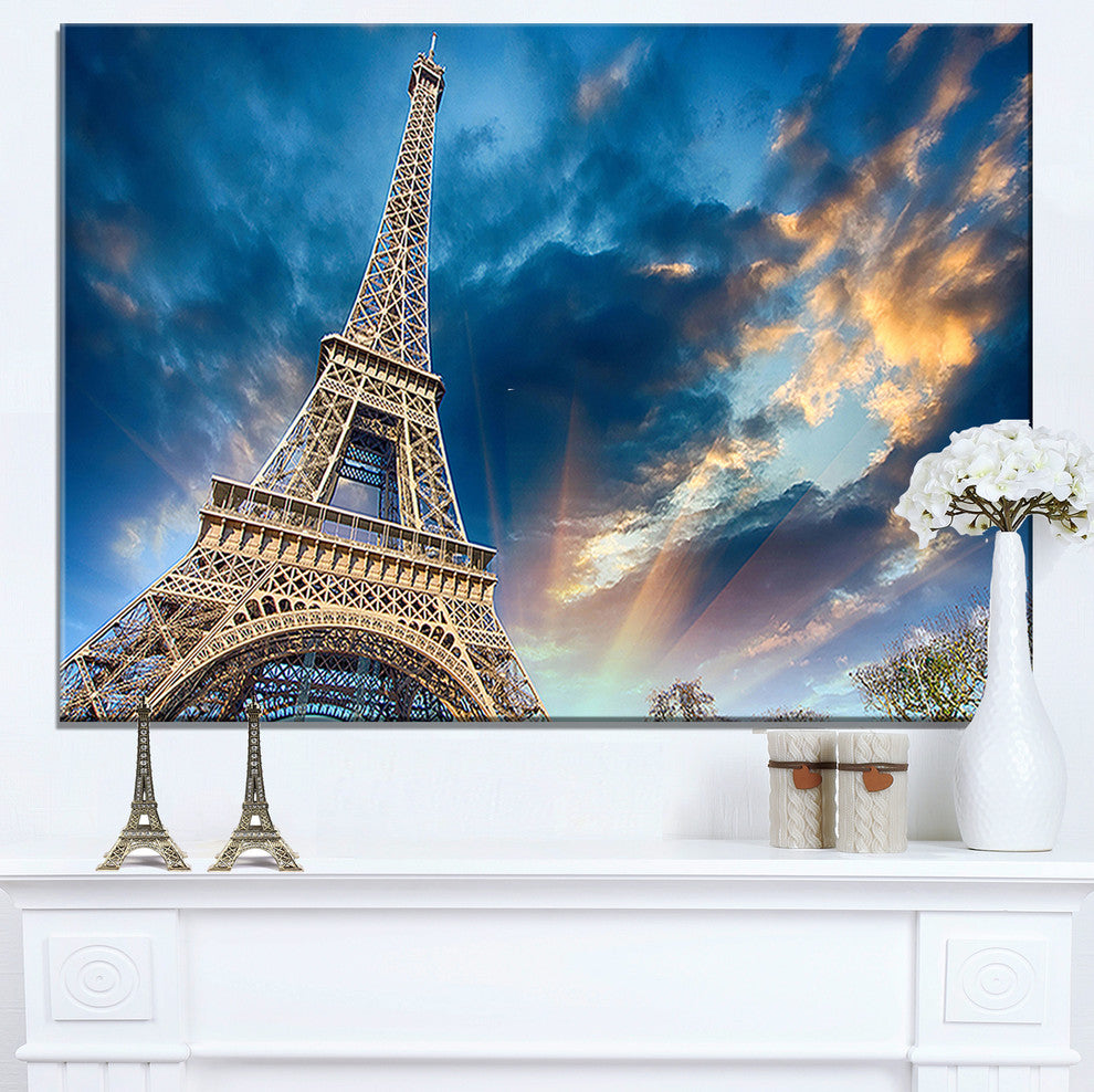 "Beautiful View Paris Eiffel Tower Under Fiery Sky" Wall Art, 32"x16"