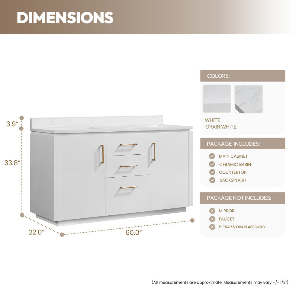San Bath Vanity with Stone Top, White, 60" Double Sink, Double Vanity, No Mirror