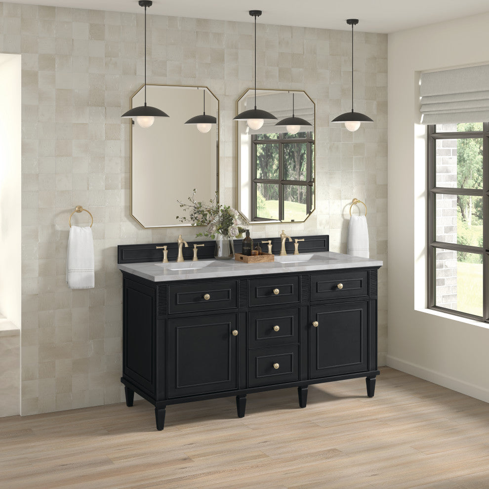 Lorelai 60" Double Vanity, Black Onyx, 3 CM Victorian Silver Top