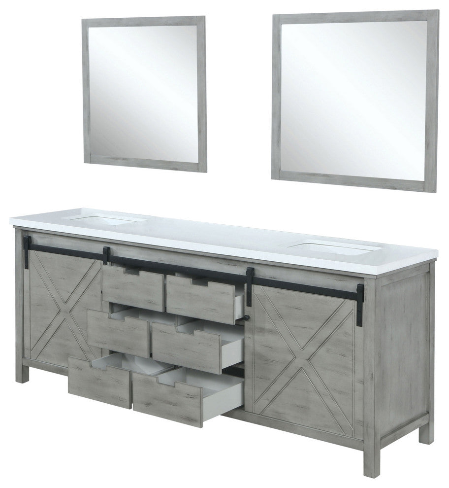 Marsyas 80" Ash Gray Double Vanity Ash Gray Quartz Top Sinks, 30" Wall Mirrors