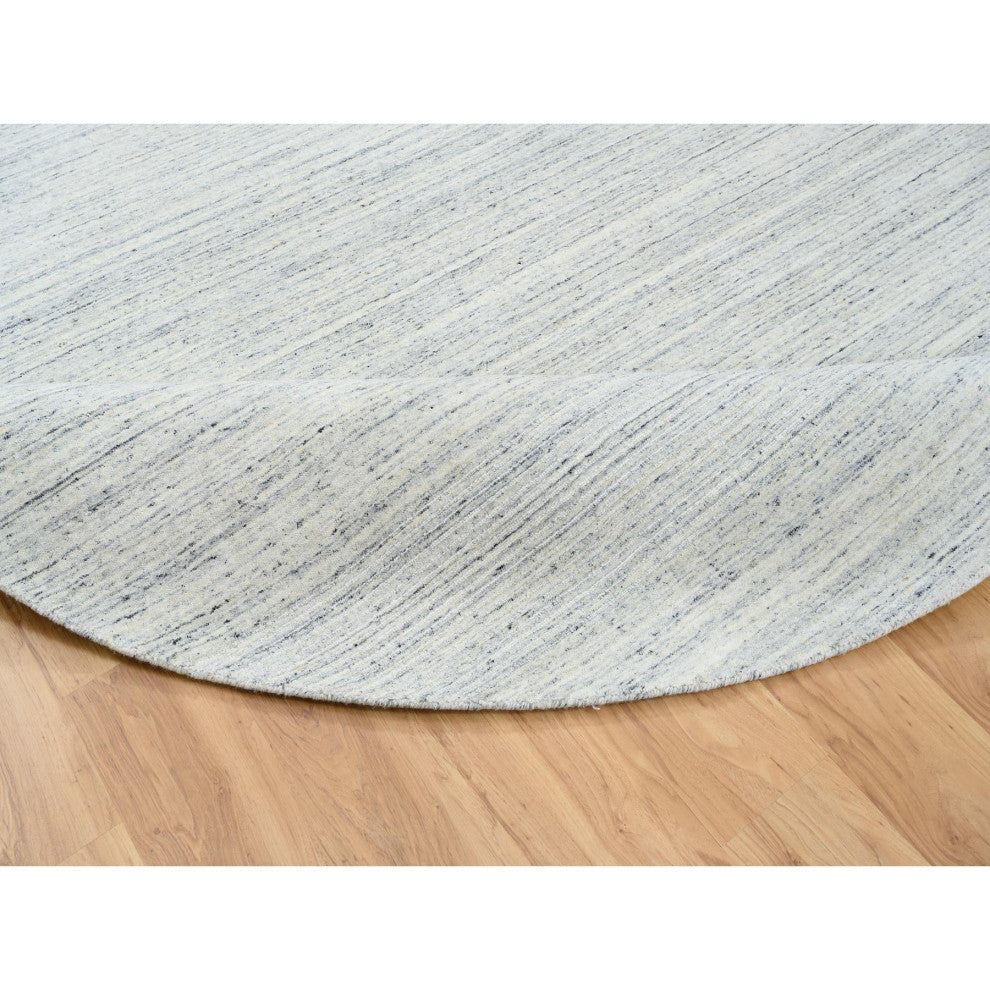 Ivory Hand Loomed Plain Modern Striped Design Organic Wool Round Rug, 10'x10'