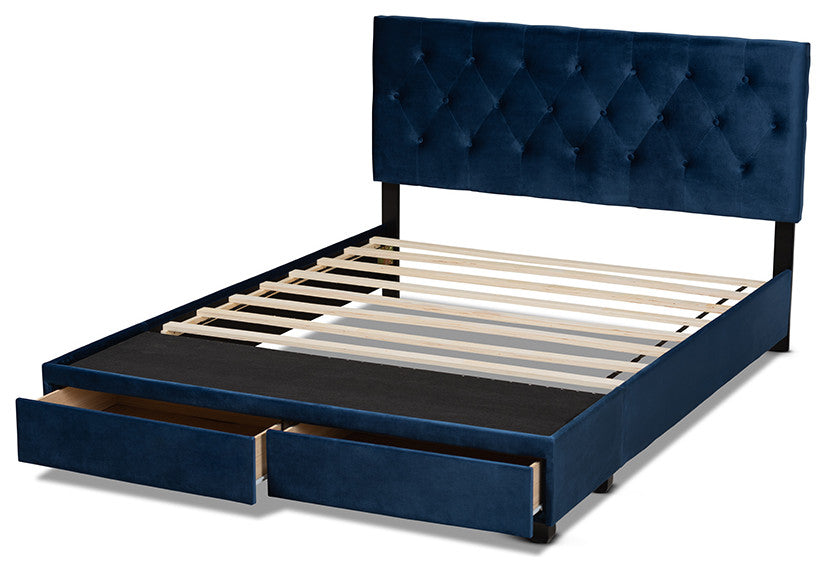 Caronia Modern Navy Blue Velvet Fabric 2-Drawer Queen Size Platform Storage Bed