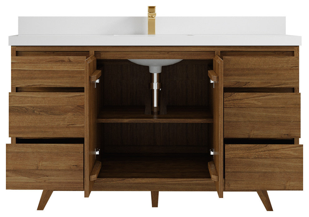Madison Teak 60 Single Bathroom Vanity in Dark Natural 2" White Quartz