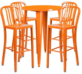 30" Round Orange Metal Bar 5-Piece Table Set With 4 Vertical Slat Back Stools