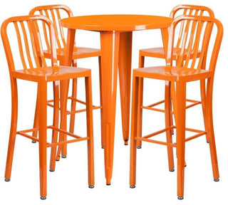 30" Round Orange Metal Bar 5-Piece Table Set With 4 Vertical Slat Back Stools