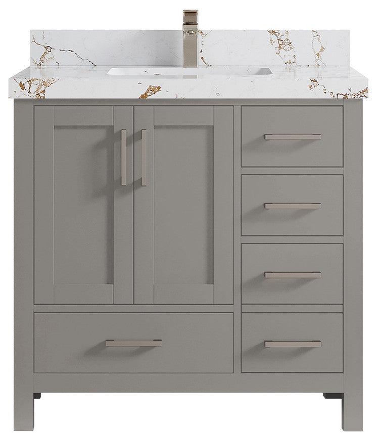 Malibu 36 Center Sink Bath Vanity in Elephant Skin Gray 2" Viola Gold
