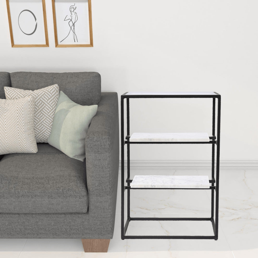 24" Black Glass and Marble Rectangular End Table With Two Shelves