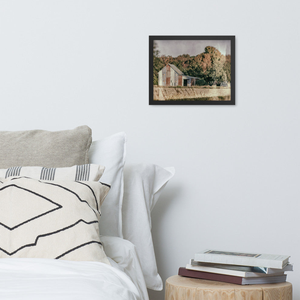 Patriotic Weathered Barn in Field Glass Plate Framed Photo Paper Wall Art Prints, Black, 11" X 14"