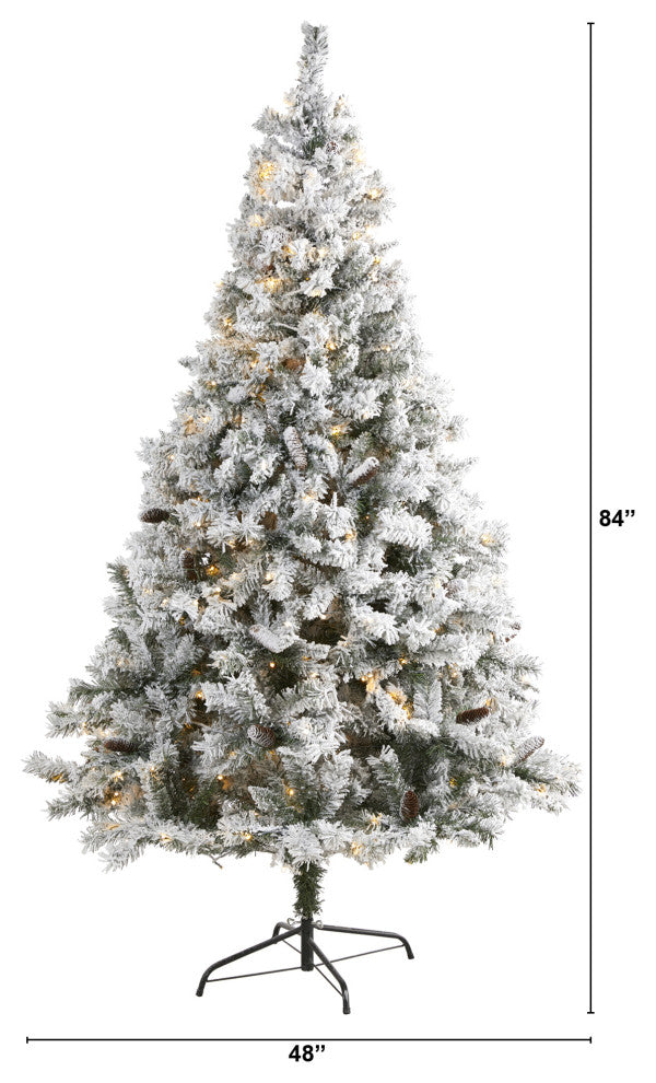 7' Flocked White River Mountain Pine Christmas Tree / Pinecones / 350 LED Lights
