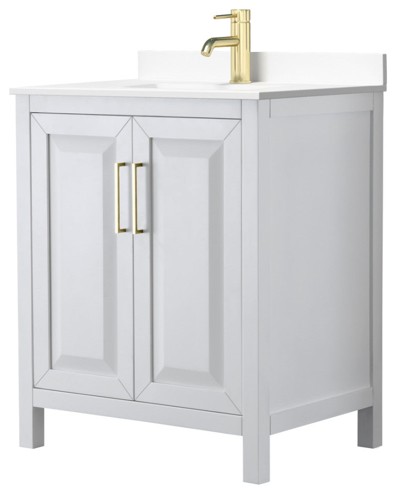 30" Single Bath Vanity, White, White Cult. Marble Countertop, Sink, Gold Trim