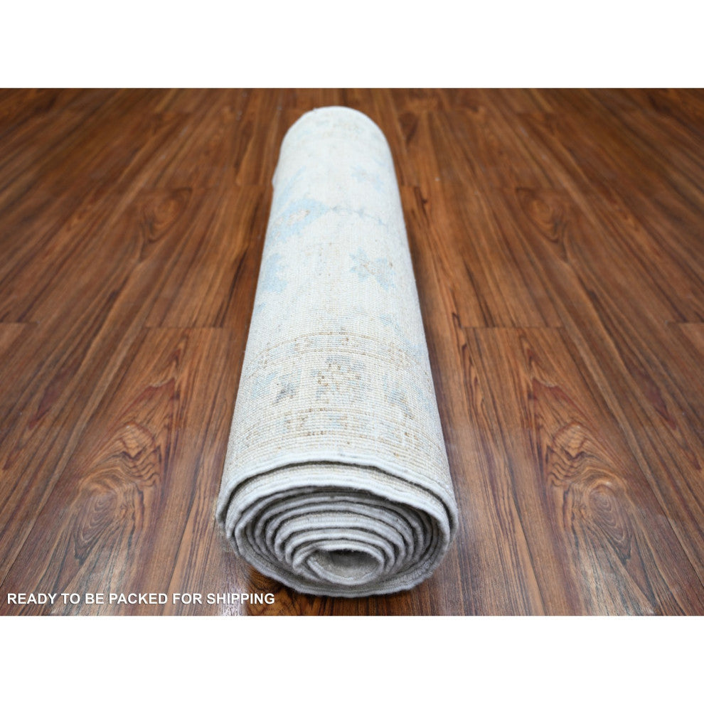 Ivory, White Wash Peshawar Extra Soft Wool Hand Knotted Runner Rug, 2'4"x11'7"