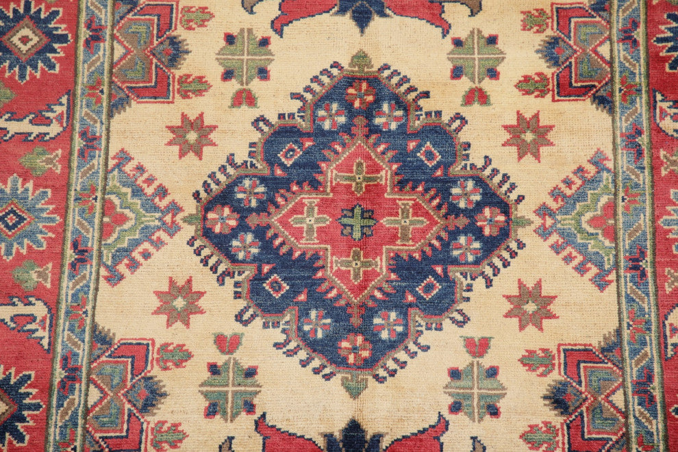 Kazak Oriental Pakistani Traditional Hand-Knotted Area Rug, Beige, 6'1"x4'0
