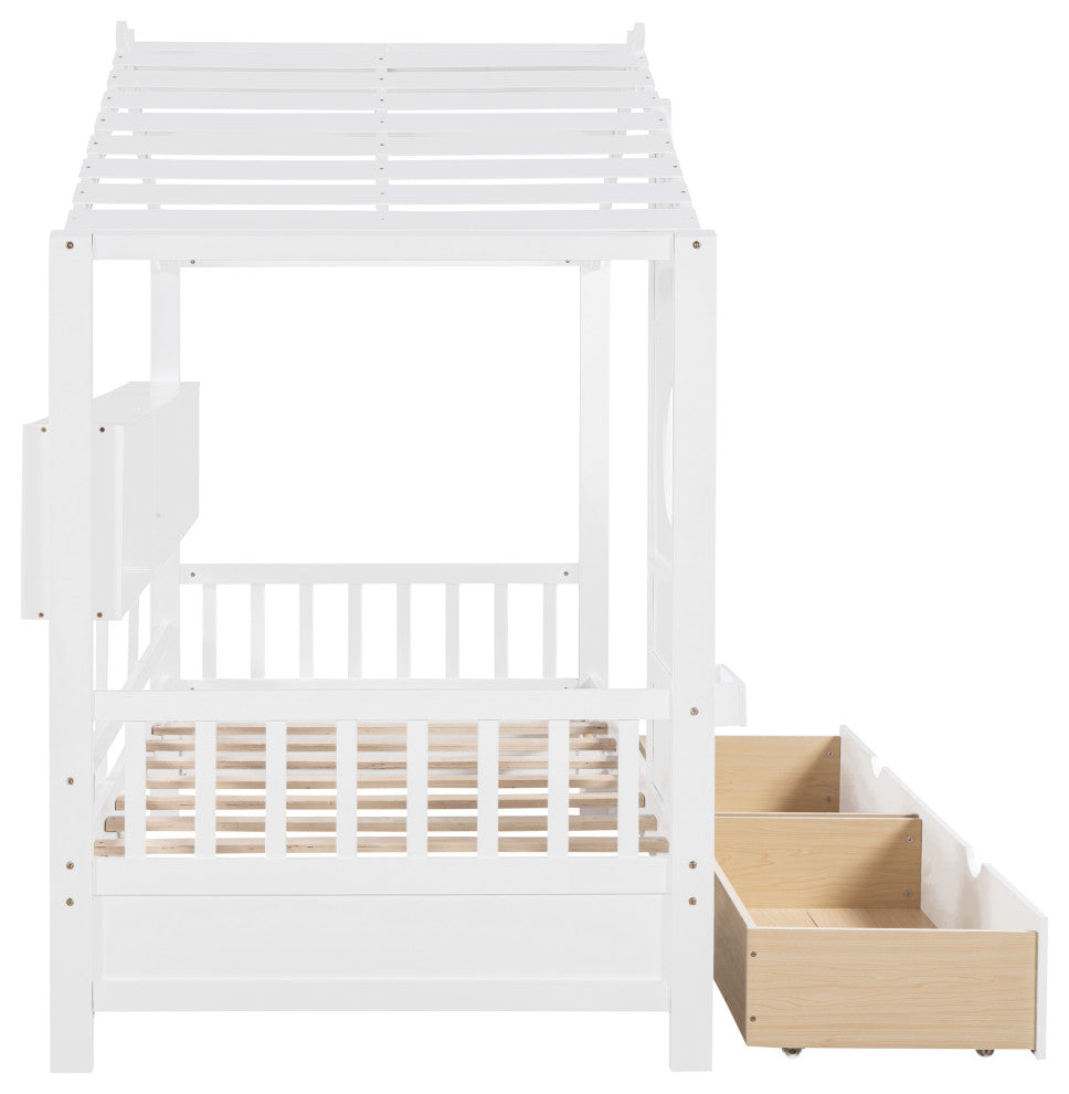 Gewnee  Wooden Twin Size House Bed with 2 Drawers