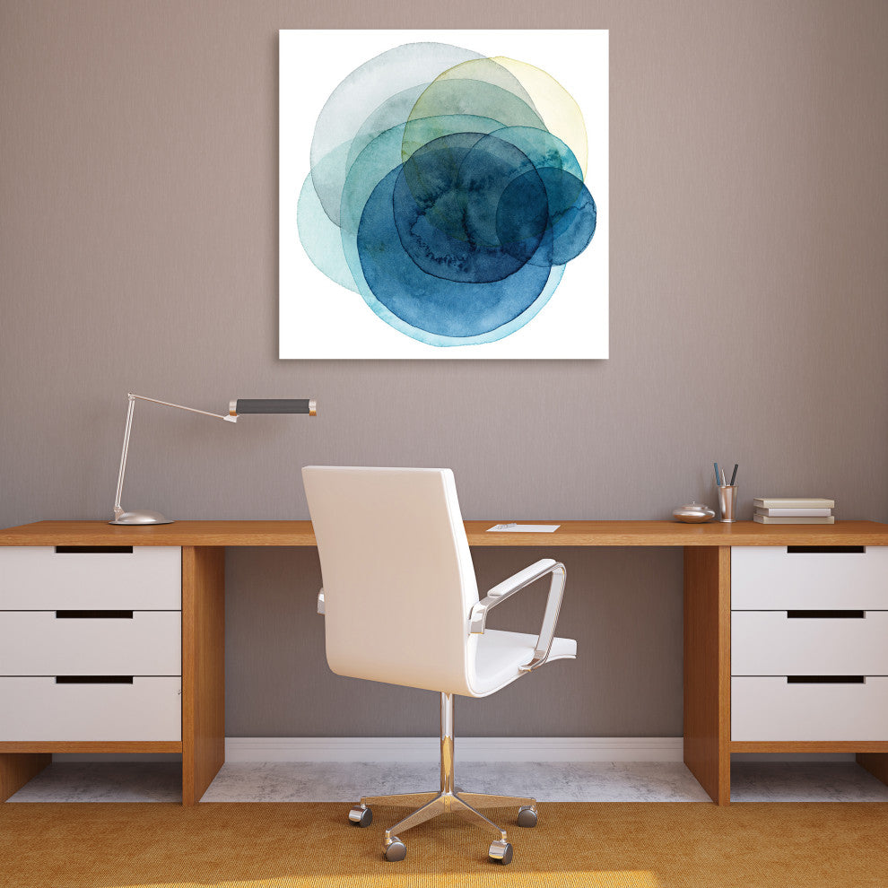 "Evolving Planets" Blue Abstract Wall Art Free Floating Tempered Glass Print