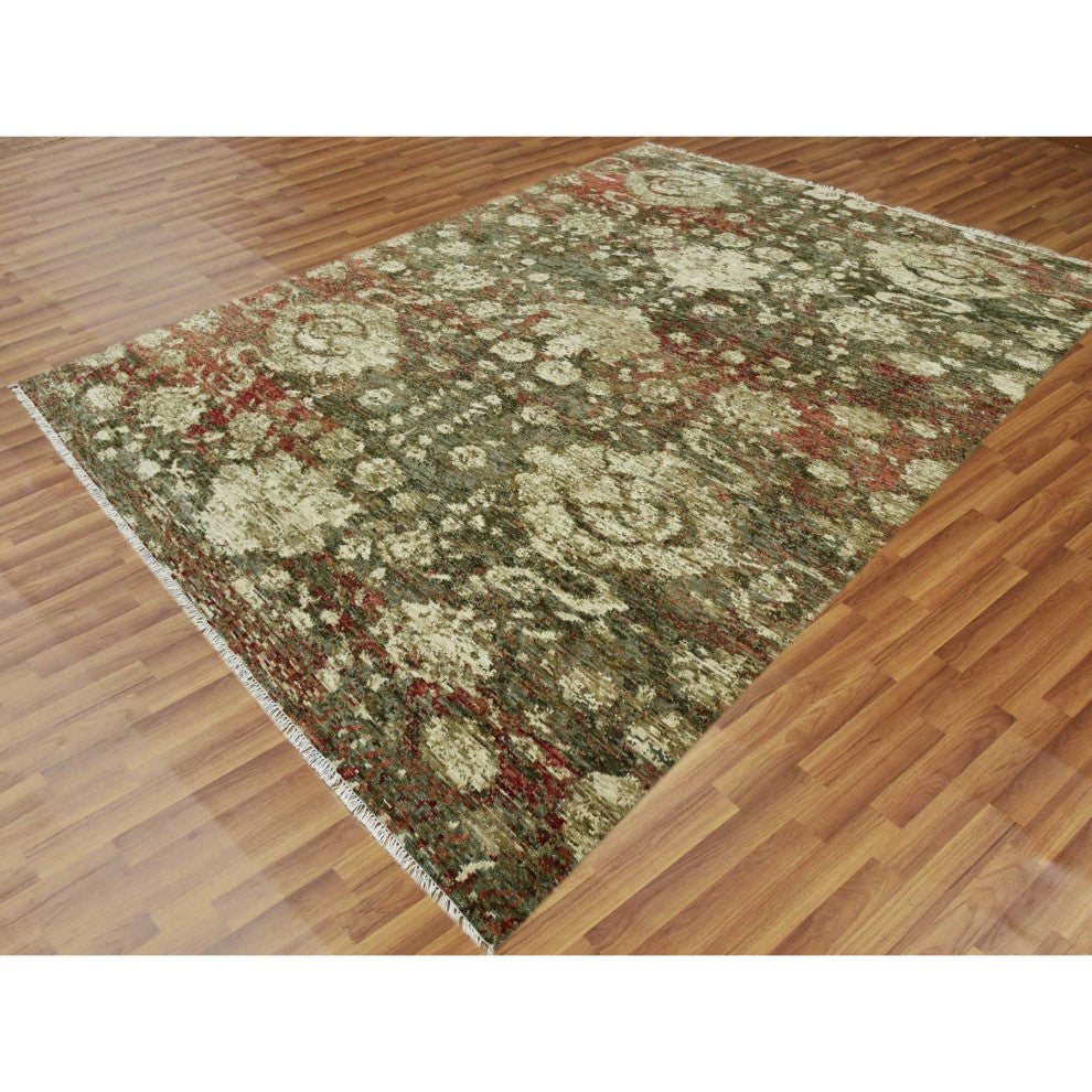 Green With Pop of Red, Hand Knotted Mahal Design, Pure Wool Rug, 9'1"x11'10"