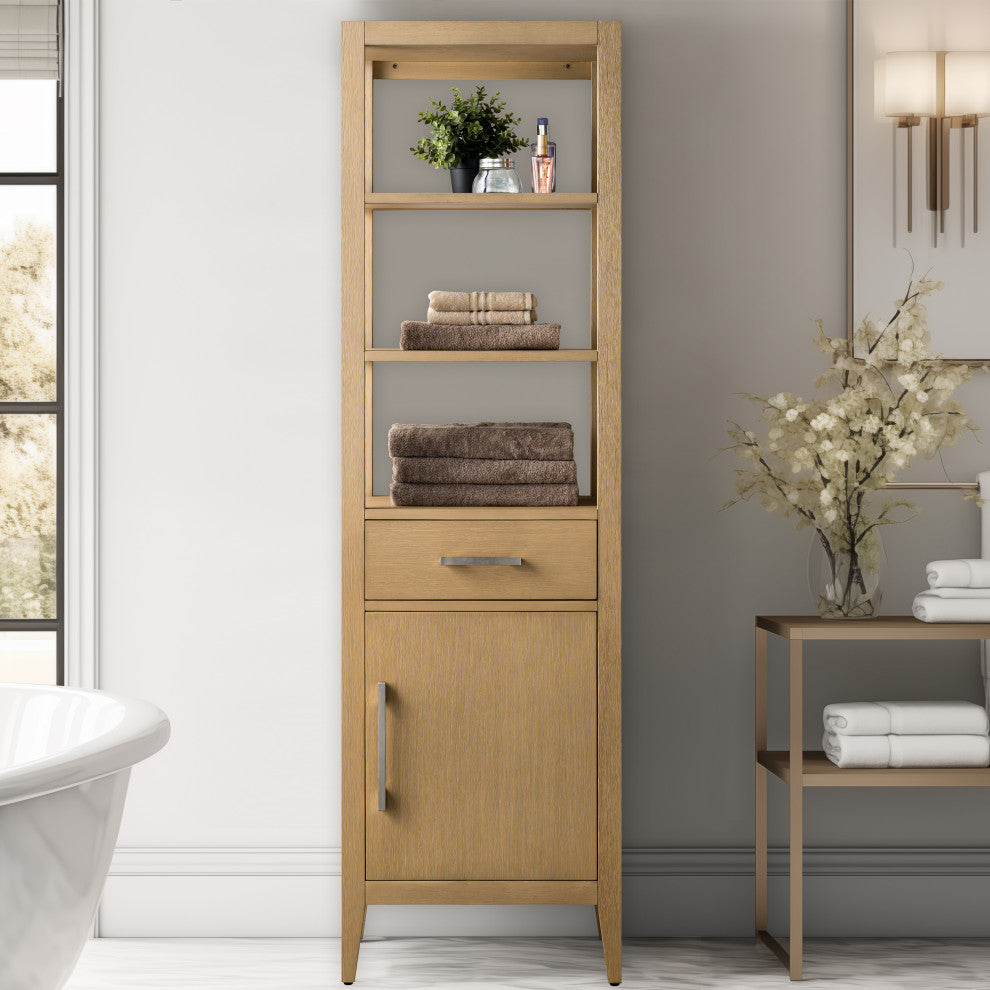 Vanity Art 21" Freestanding Linen Cabinet, Natural Oak, Brushed Nickel Handle