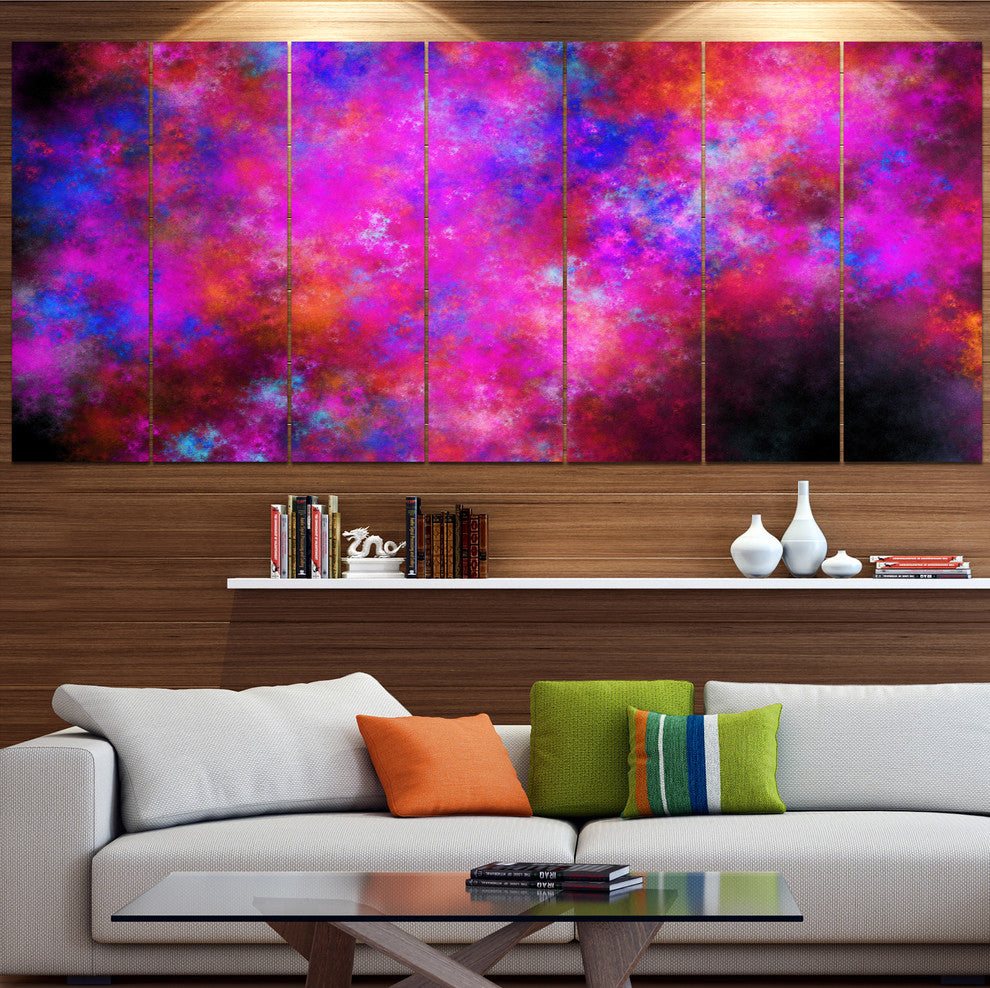 Red Blue Starry Fractal Sky, Abstract Art on Canvas, 83"x32", 7 Panels