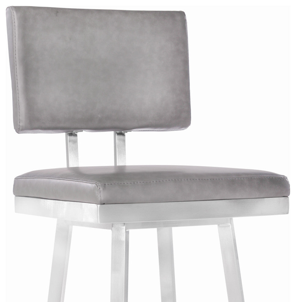 30" Vintage Gray on Stainless Faux Leather Rectangular Swivel Armless Barstool